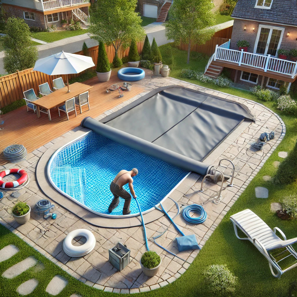 Pool technician installing a safety cover on an inground pool in a clean Ottawa backyard.