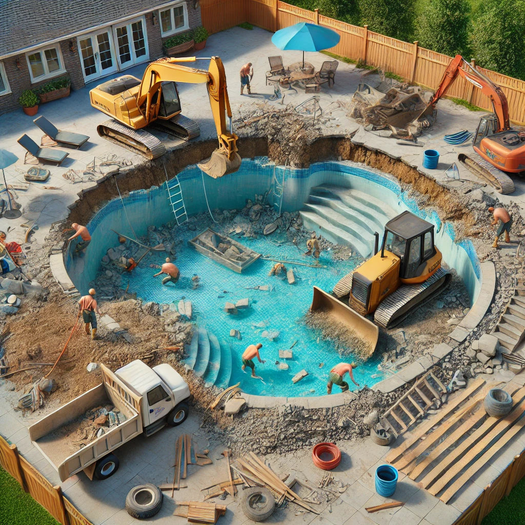 Workers removing an inground pool with heavy equipment like excavators and tools, breaking apart the concrete structure.