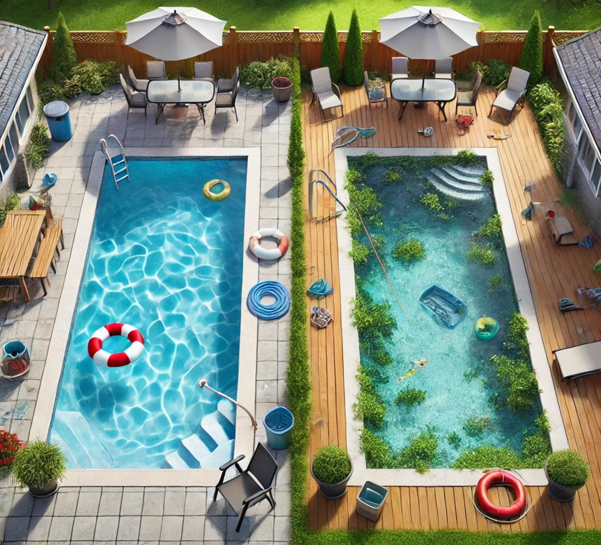 Side-by-side comparison of a clean pool and a neglected pool.