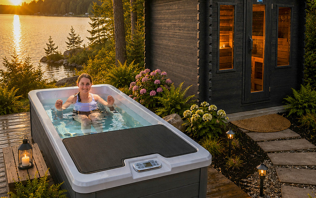 A woman relaxes in an outdoor cold plunge, an ice bath beside a dark wooden cabin with warm lights on, surrounded by garden plants and a lake at sunset.