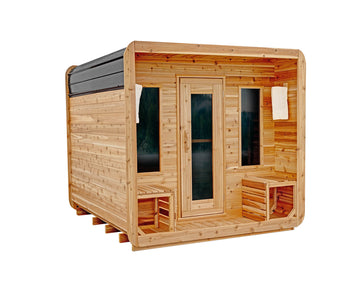 A wooden sauna cabin with a natural light wood exterior, glass double doors, built-in benches, and a dark gray roof, shown on a plain white background.