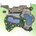 Landscape design plan showing a freeform swimming pool, natural pond with rock edging, curved patio areas, deck seating, and layered planting beds in a custom backyard layout.