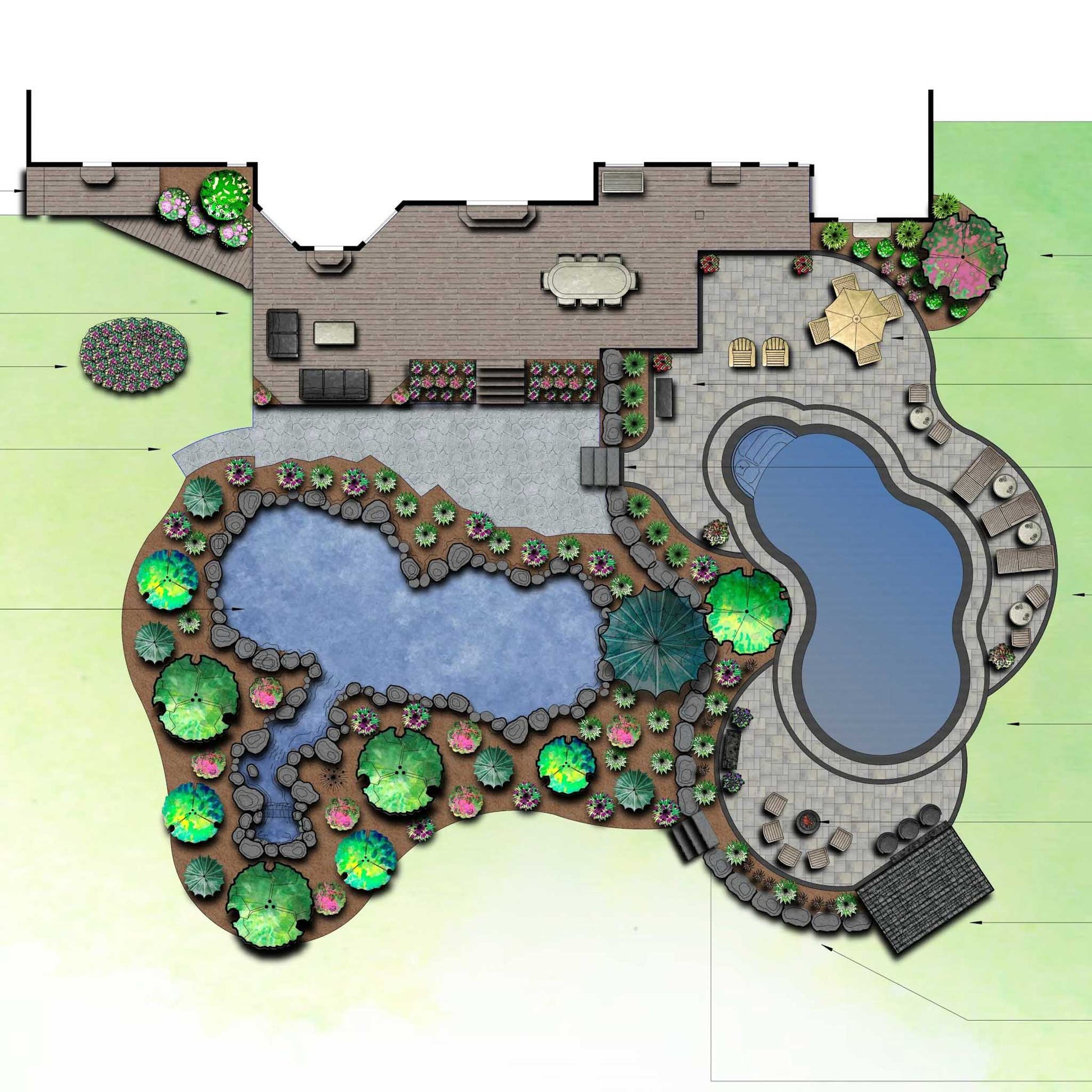 Landscape design plan showing a freeform swimming pool, natural pond with rock edging, curved patio areas, deck seating, and layered planting beds in a custom backyard layout.