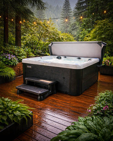 A dark gray outdoor hot tub with a light gray cover partially open, set on a wet wooden deck surrounded by lush green plants and a misty forest background with string lights.