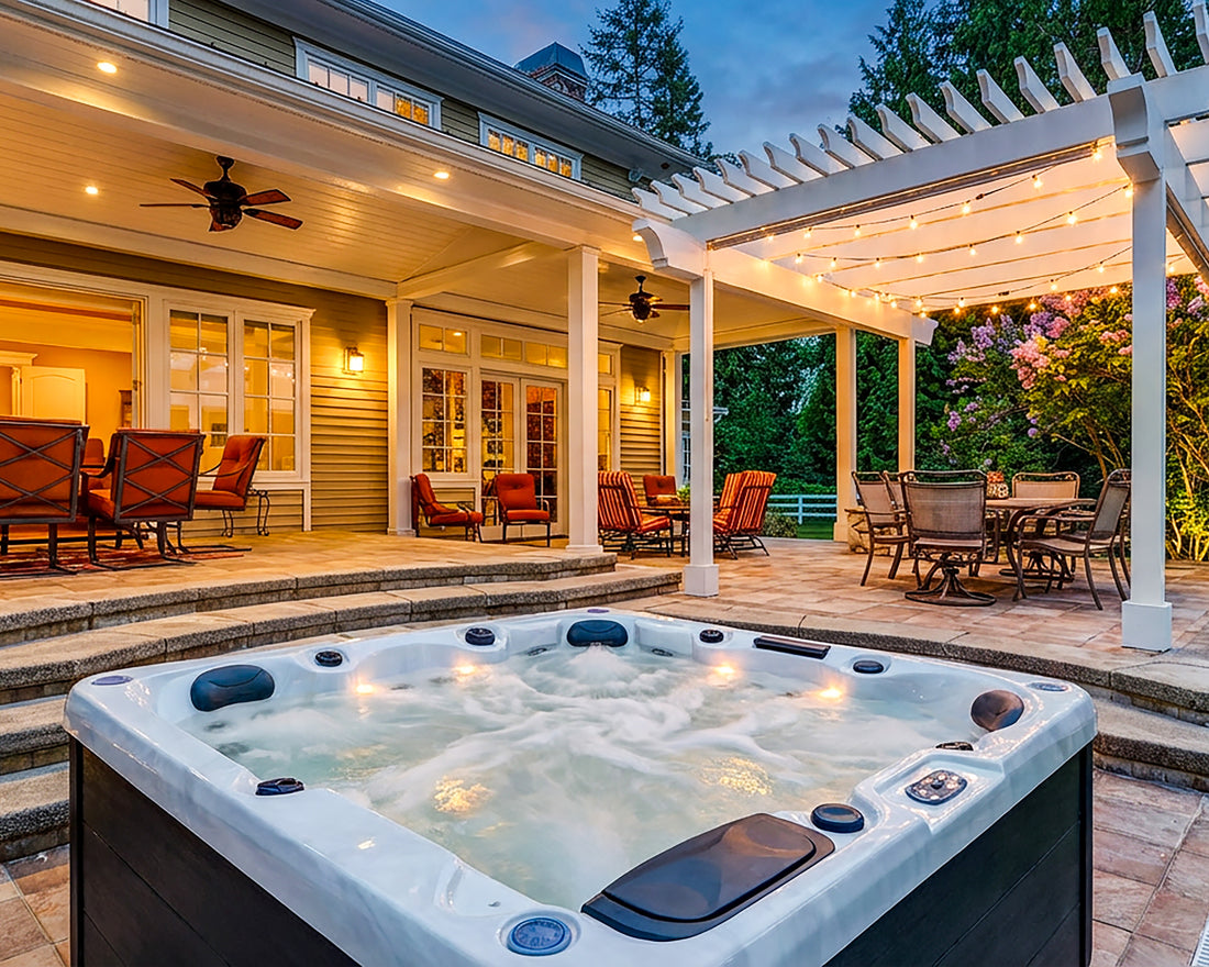A hot tub with bubbling water in the foreground on a stone patio, with a house, outdoor dining area, and white pergola with string lights in the background at dusk.