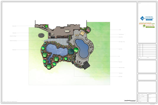 Landscape design plan example showing a backyard layout with pool, pond, patio, and planting areas