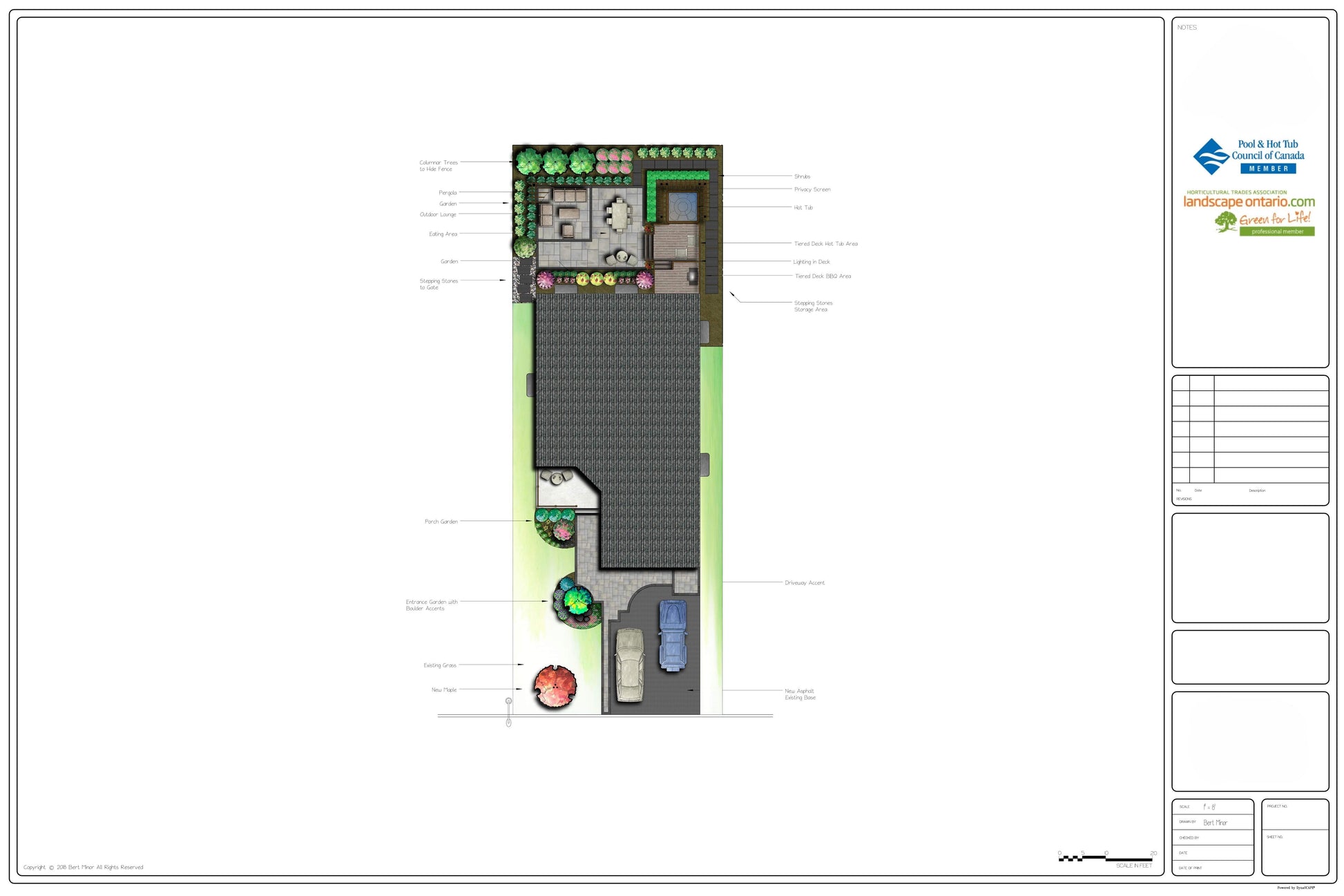 Landscape design plan example featuring a custom backyard layout with a pool, patio, planting, and outdoor living areas.
