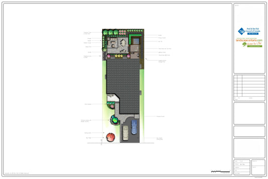 Landscape design plan example featuring a custom backyard layout with a pool, patio, planting, and outdoor living areas.
