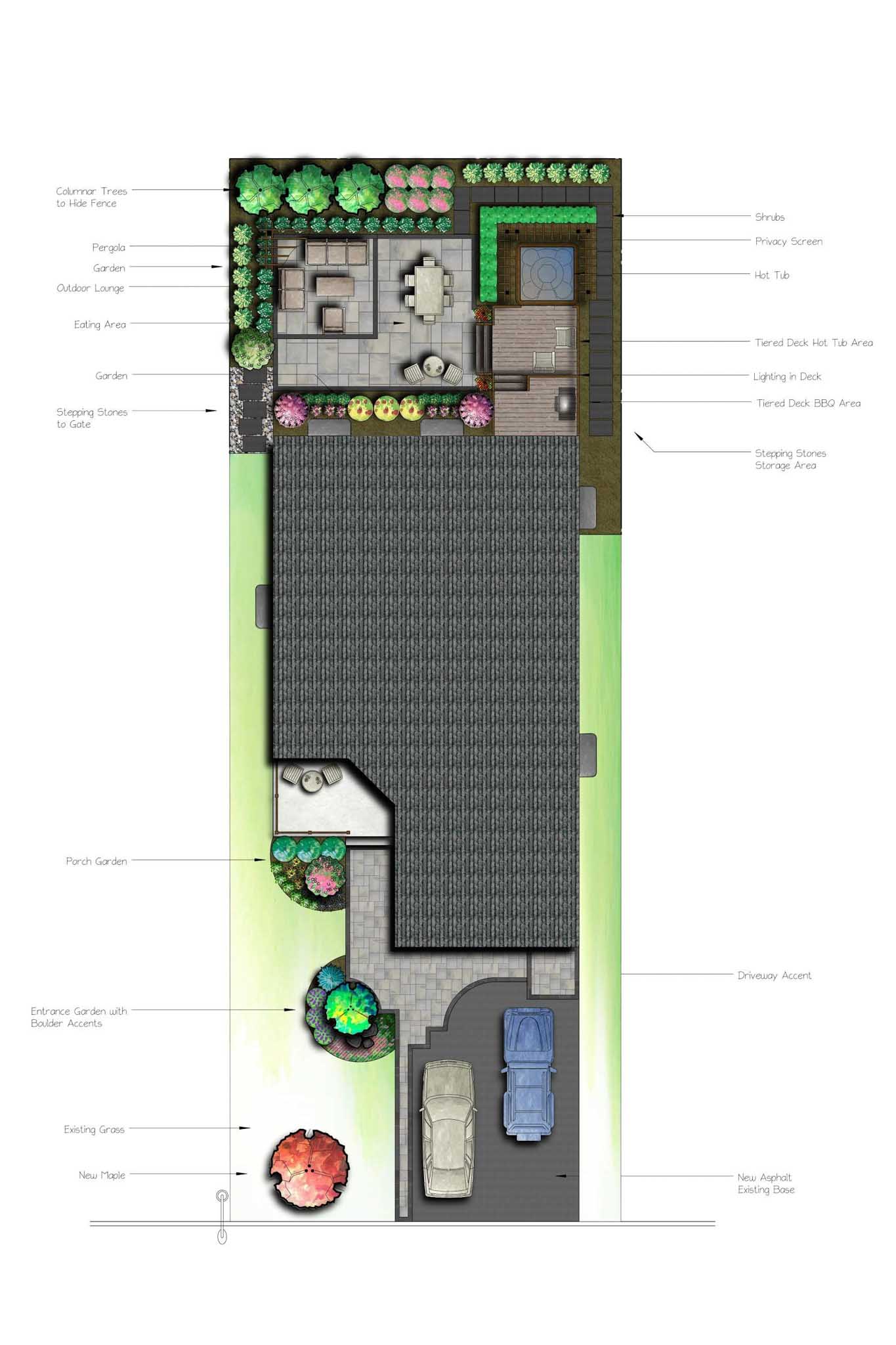Custom backyard landscape design plan showing pool placement, patio seating areas, and integrated garden beds.