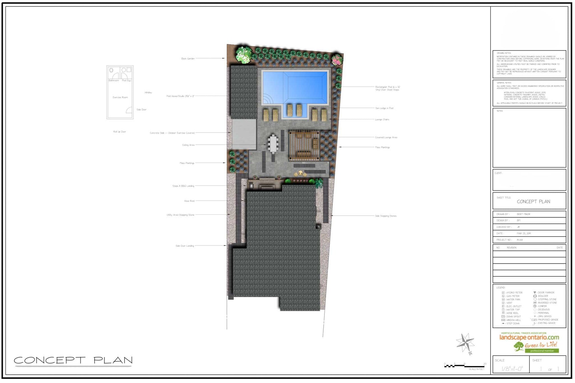 Custom landscape design plan showing a backyard layout with pool, patio, planting beds, and outdoor living areas