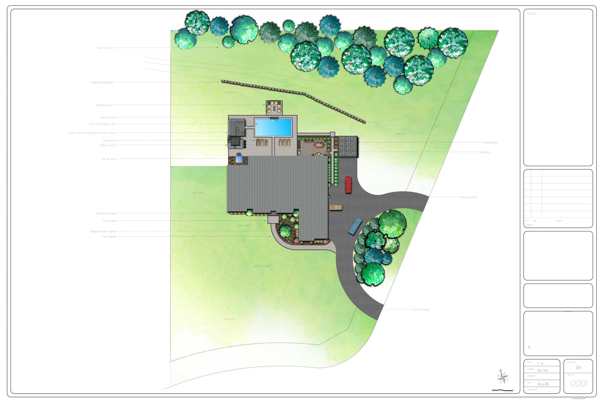 Custom landscape design plan showing pool, patio areas, planting zones, driveway, and full property layout