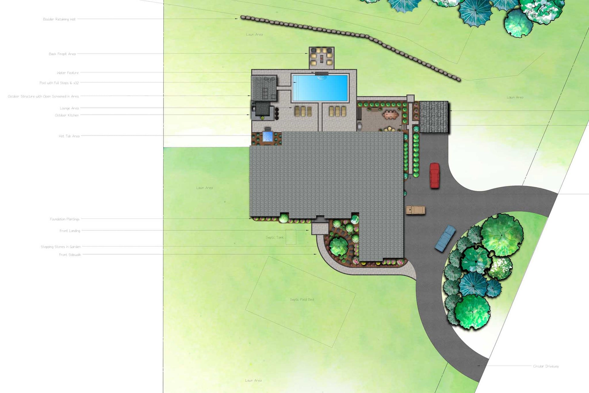 Custom landscape design plan showing pool, patio areas, planting zones, driveway, and full property layout Ottawa