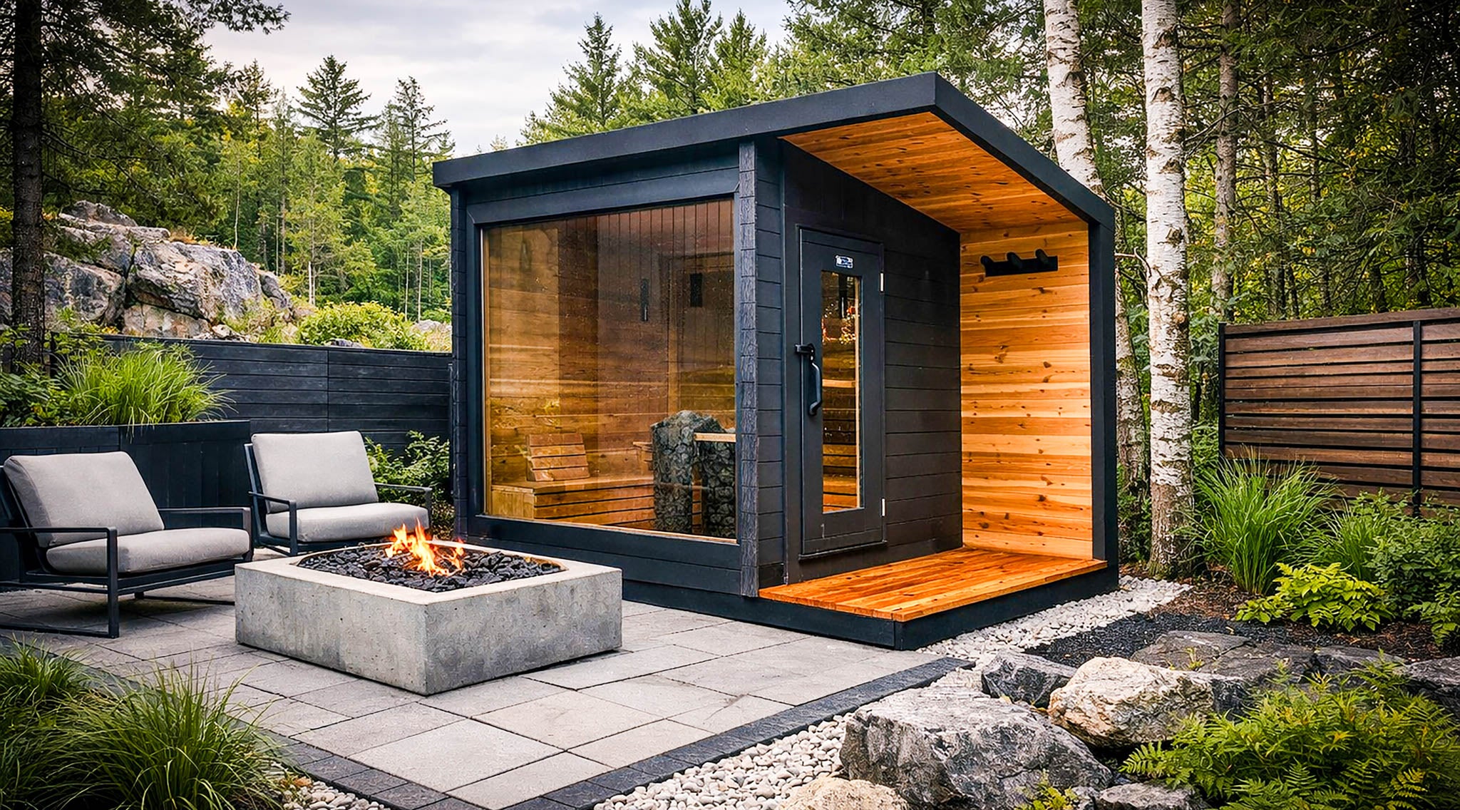A modern outdoor sauna cabin with a black exterior, warm wood interior, and glass front, shown on a stone patio beside two lounge chairs and a fire pit in a wooded setting.