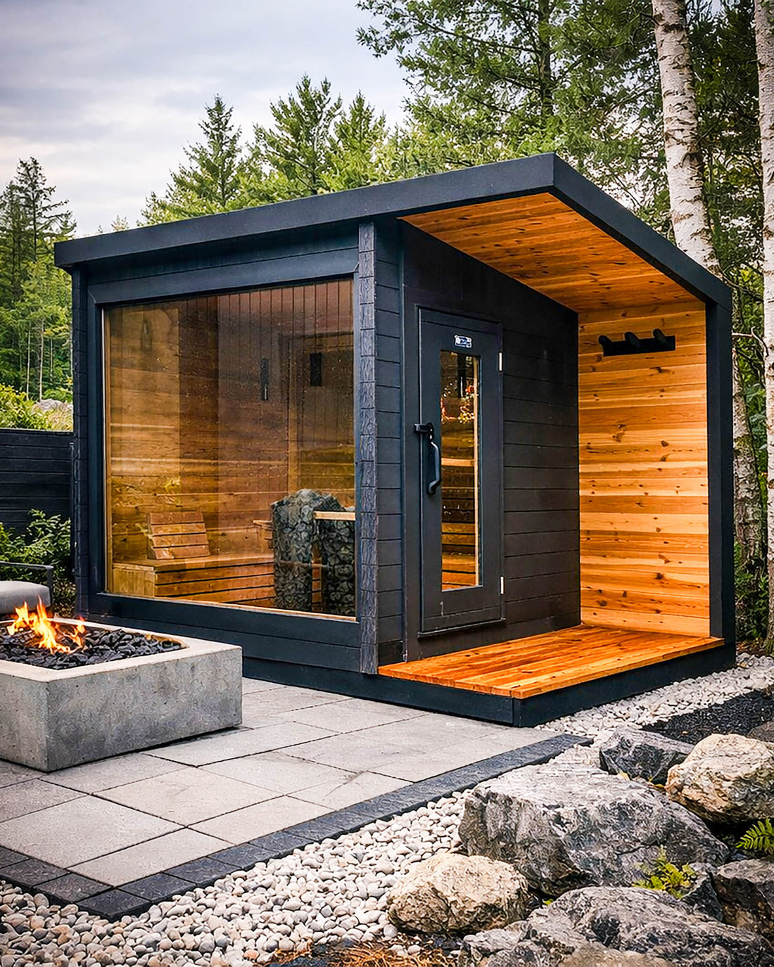 A modern outdoor sauna cabin with a black exterior, warm wood-paneled interior and walkway, set beside a fire pit and rocks in a landscaped forest setting.