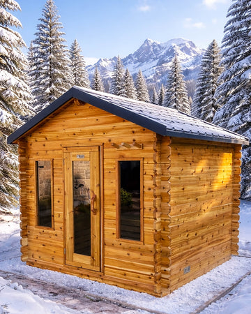 A small red cedar sauna cabin with a dark gray roof and glass double doors, situated in a snowy outdoor setting with pine trees and mountains in the background.