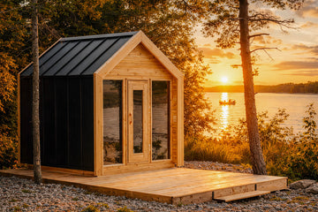 A small modern red cedar sauna cabin with a black metal roof and light wood exterior, featuring a wooden deck and large glass doors, set beside a lake at sunset with trees in the background.
