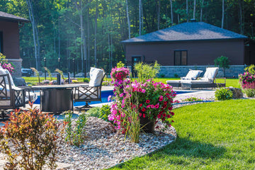 Flower beds around inground pool