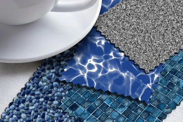 Swatches of different vinyl pool liner patterns including pebble, mosaic, and granite textures for liner replacement selection | HB Pools