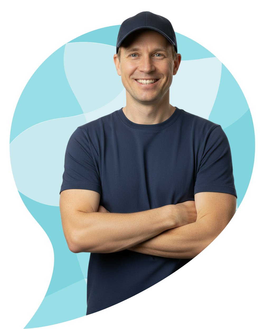Man wearing a navy blue cap and t-shirt with arms crossed against a light blue background