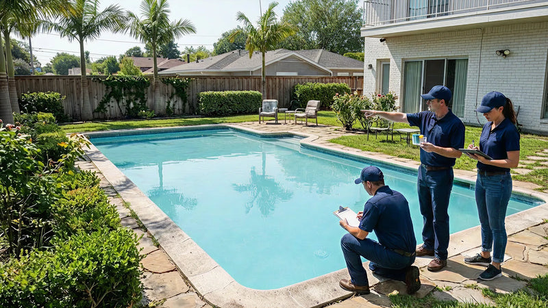 Three inground pool technicians inspecting a pool in a residential backyard | HB Pools