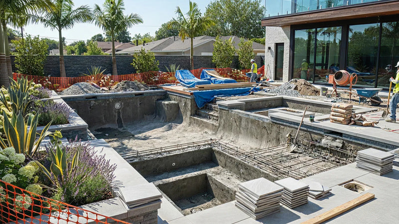 Construction site of a modern inground pool with workers and materials in a residential area | HB Pools