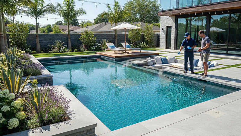 Two men standing by a pool with a modern house and garden in the background | HB Pools