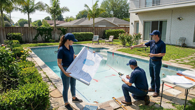 Two people by a pool with blueprints, discussing a pool repair or renovation | HB Pools